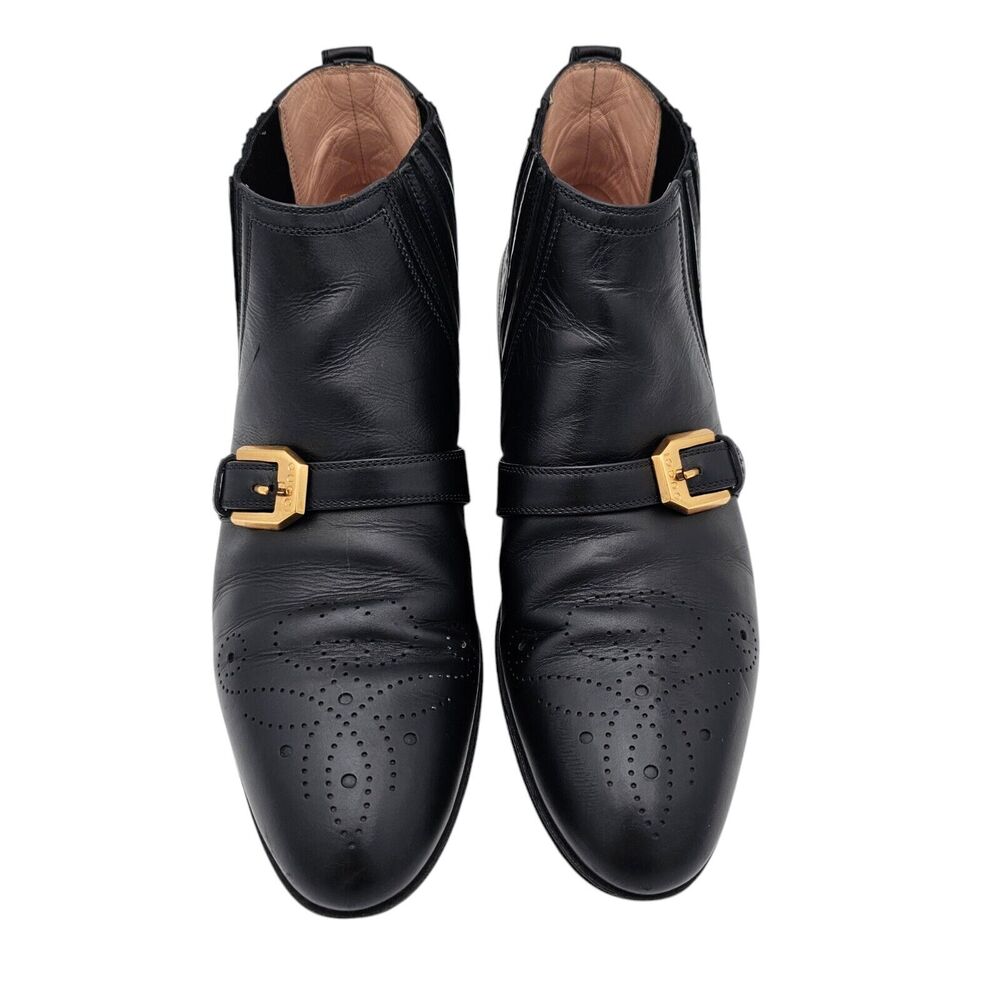 Gucci Worsh Black Leather Chelsea Ankle Boot Size 38.5 US 8.5 Gold Buckle Brogue - Picture 2 of 11